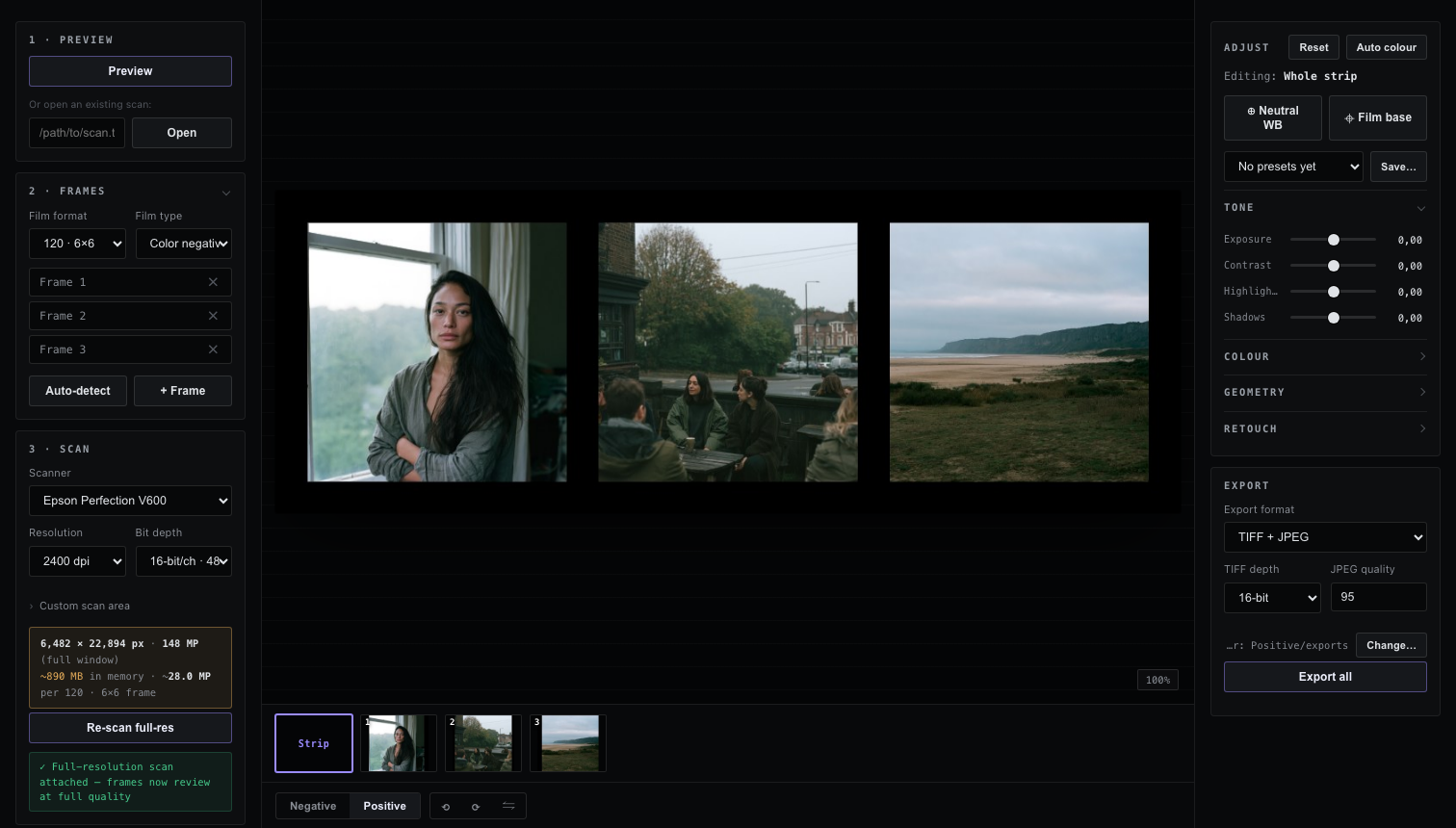 Positive on macOS: a scanned 120 strip with three frames automatically detected, shown as positives, with tone and colour controls alongside.